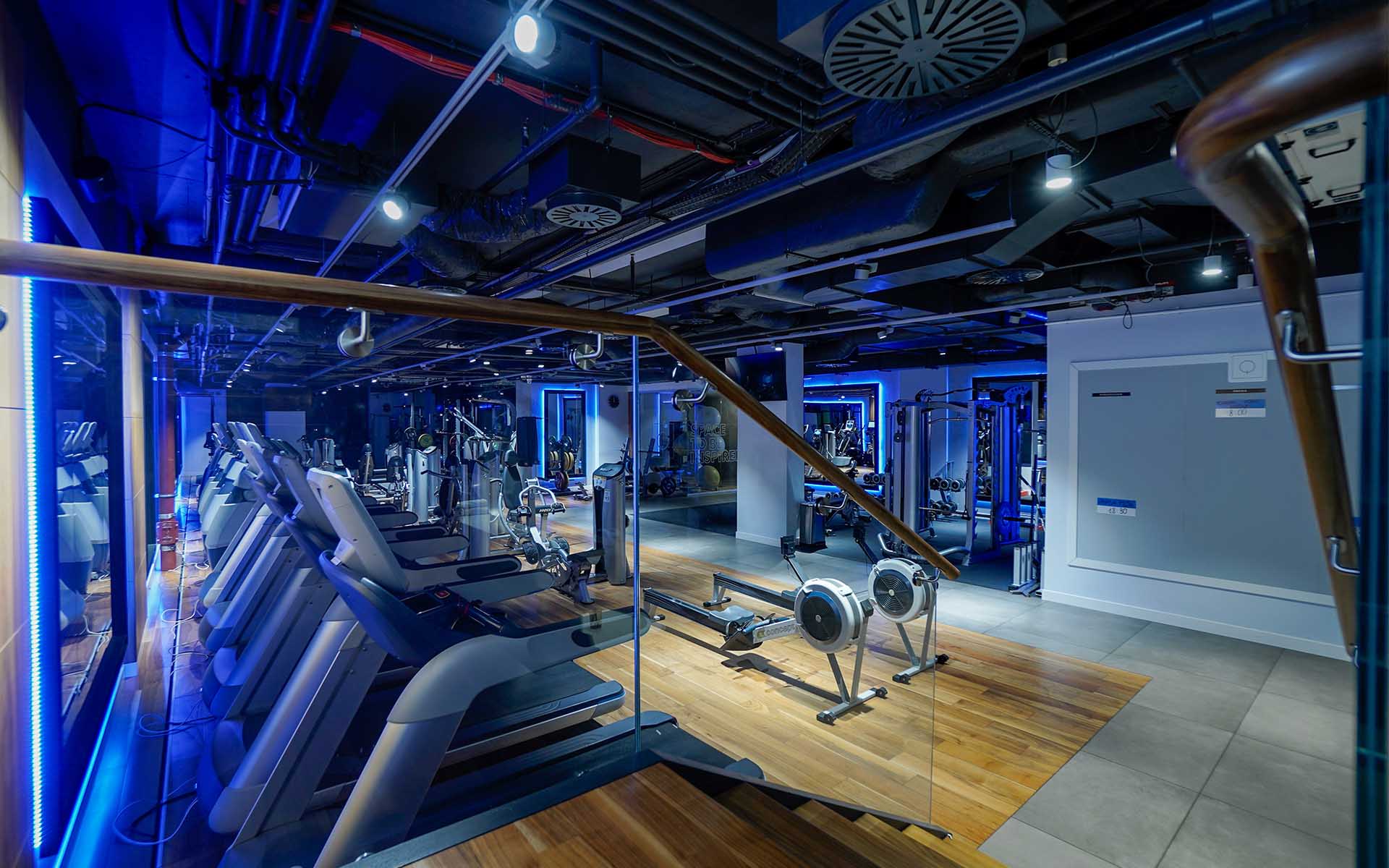 Strefa cardio z bieżniami i wioślarzami w niebieskim oświetleniu